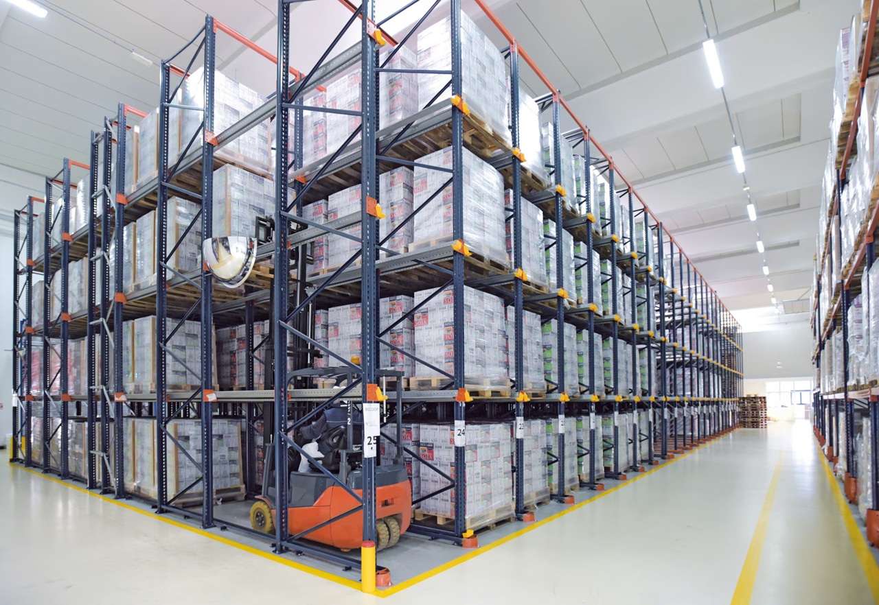 Drive-in pallet rack lanes fitted with continuous rails